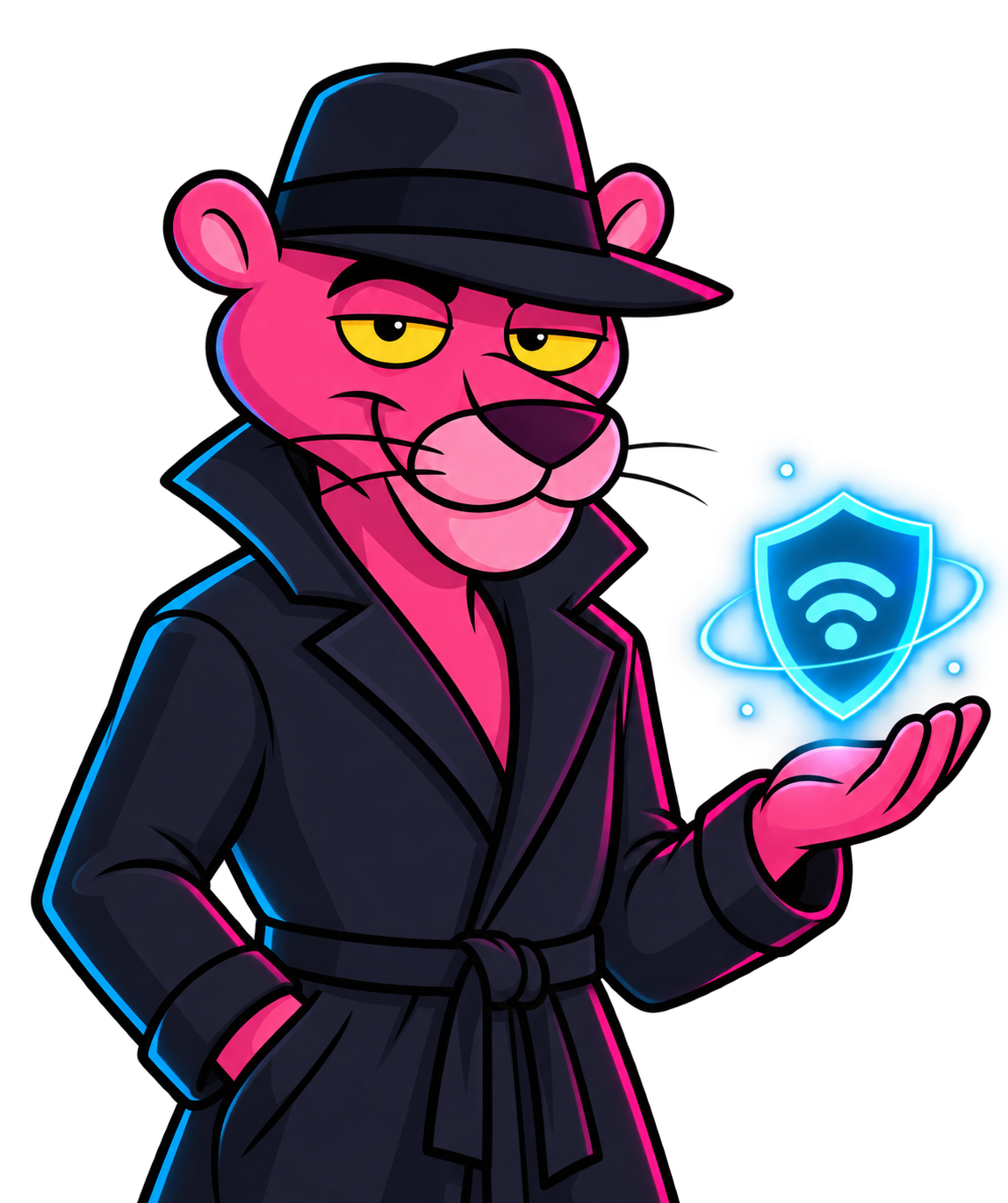 Маскот Panther VPN: розовая пантера в шляпе и плаще с символом защищённого соединения